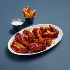 Spicy Chicken Wings with Dipping Sauce and Vegetables on White Plate Against Blue Background