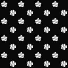 Hatched polka dot ornament. Black and white abstract geometric seamless pattern. Textile design