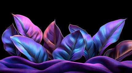 Iridescent Tropical Leaves on Purple Fabric, AI Generated Art