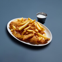 Crispy Fish and Chips with Tartar Sauce on White Plate Against Blue Background