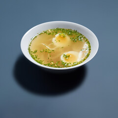 Bowl of Soup with Eggs and Herbs on White Plate Against Blue Background
