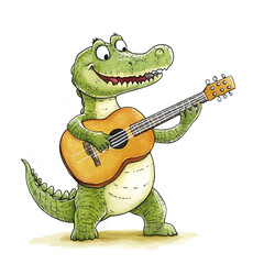 Fototapeta premium A Playful Crocodile Strumming a Ukulele in a Minimalist Style Isolated on a Clean Background Perfect for Fun and Quirky Illustrations or Creative Projects Featuring Unique Animal Themes