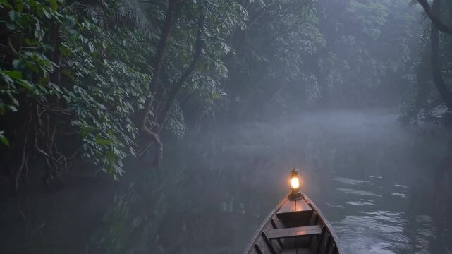 A serene journey begins on a calm river at dawn. Soft mist hangs over the water as a lantern lights the way, surrounded by dense greenery. Peaceful nature harmonizes with quiet adventure.