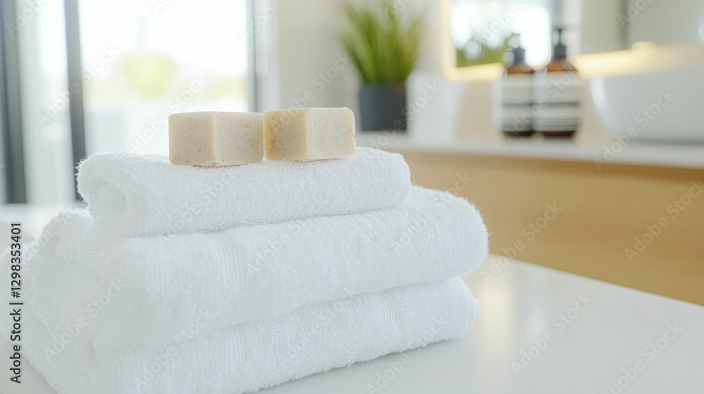 Aufkleber serene and tranquil bathroom setting featuring pristine white soap bars arranged neatly on soft plus