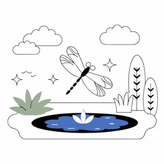 Dragonfly Pond Minimalist Line Art Illustration - Peaceful Nature Scene.