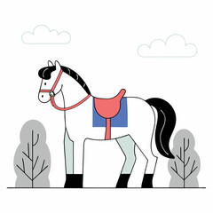 Cute White Horse Illustration - Line Art, Pastel, Children's Book.