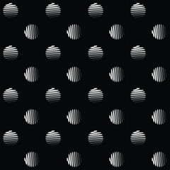 Abstract geometric seamless pattern. Shaded hatched circles, black and white polka dot ornament