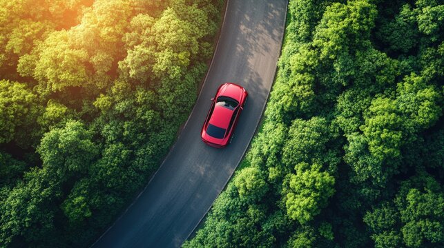 A car on an elevated road cutting through the dense, dark green forest. Serene journey, surrounded by nature.