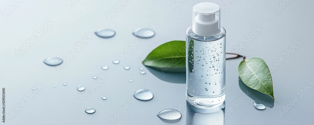 Poster a modern and refreshing lotion bottle with tiny water droplets on a clean transparent glass surface 