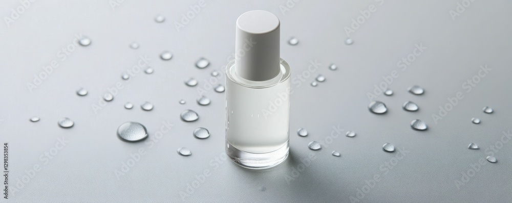 Poster a close up photograph of a sleek minimalist lotion bottle placed on a glass surface with tiny water 