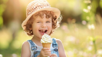 A little boy with curly blonde hair laughs while eating an ice cream cone.