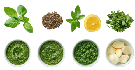 Fresh basil leaves, herbs, lemon, and garlic arranged bowls create vibrant display of ingredients for flavorful dish. bright colors and textures evoke sense of freshness and culinary creativity