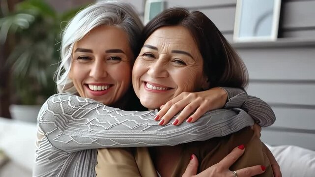 Happy daughter hugs middle-aged mother