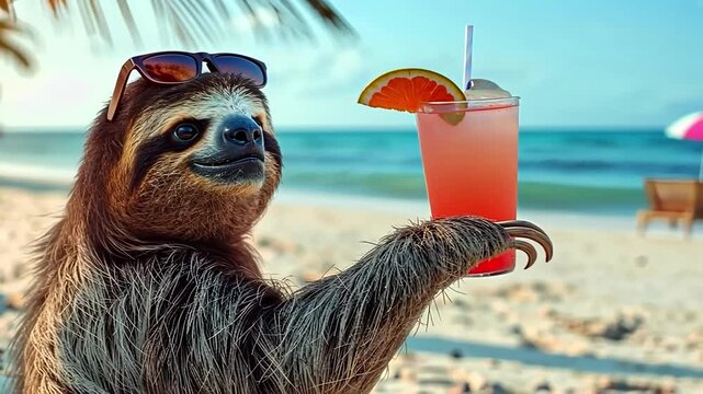 sloth with a cocktail on the background of the sea beach