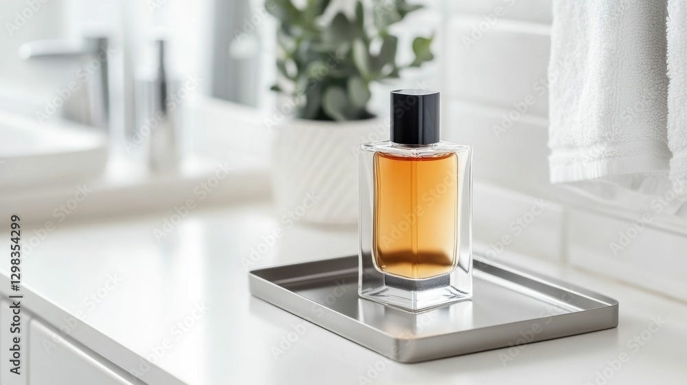 Poster elegant and sophisticated perfume bottle displayed in a metallic tray placed on a bathroom counter o