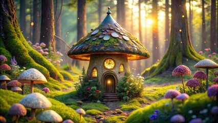Obraz premium Enchanted Mushroom House in a Sun-Dappled Forest with Lush Flora and Glowing Windows