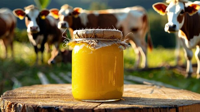 oil ghi in a jar on a wooden