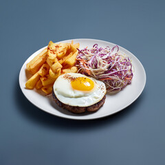 Grilled Beef Patty with Fried Egg, Coleslaw, and Fries on White Plate Against Blue Background
