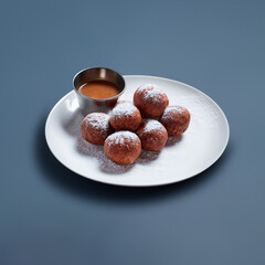 Powdered Sugar Donut Holes with Caramel Sauce on White Plate Against Blue Background