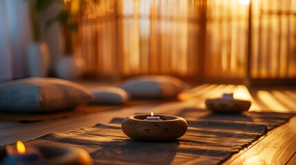 A burning candle in a wooden bowl on a mat with pillows and a window behind it.