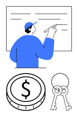 Person writing on board with pen alongside coin and key icons, symbolizing planning, finance, security, and ownership. Ideal for financial planning, investments, property, education contracts