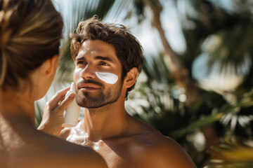 Obraz premium Woman massaging man with creams.