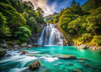 Roaring Billy Falls: New Zealand's turquoise Haast River cascades, captured in a long exposure photograph.
