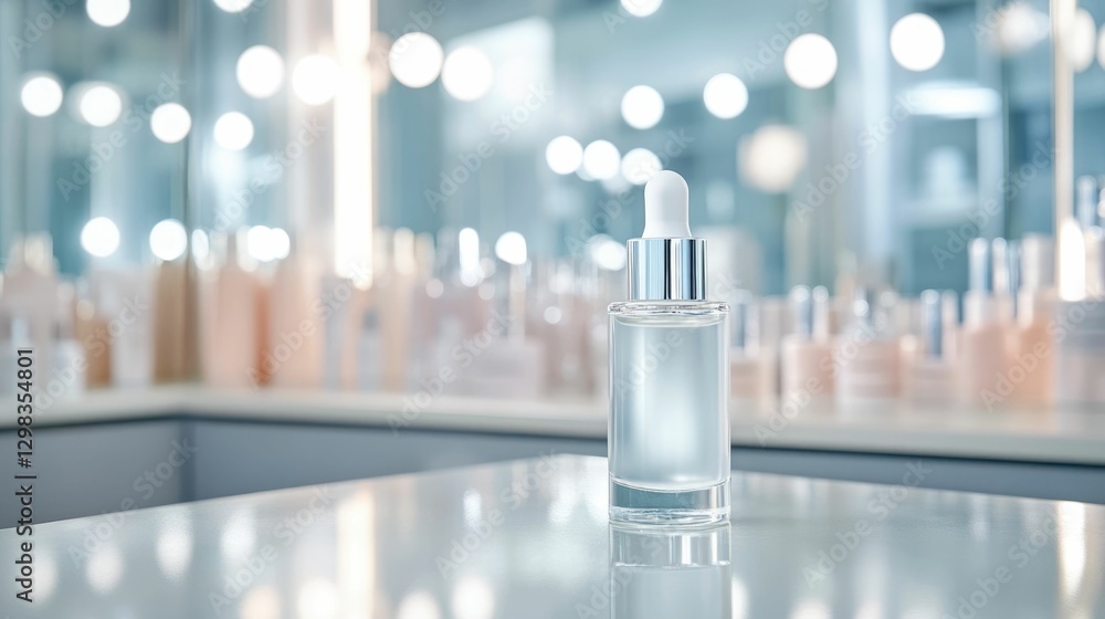 Poster elegant glass serum or cosmetic bottle with dropper displayed on a vanity or bathroom table the tran