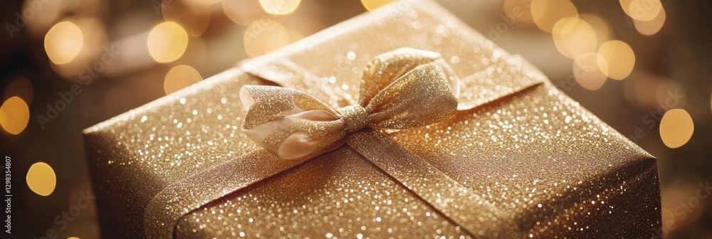 Poster Sparkling gold gift box wrapped with a shiny bow placed against a blurred festive background of warm lights. Generative AI
