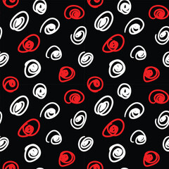 Abstract doodle seamless pattern. Hand drawn spiral spots, red and white on black background. Textile design