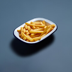 Golden French Fries in White Dish Against Blue Background