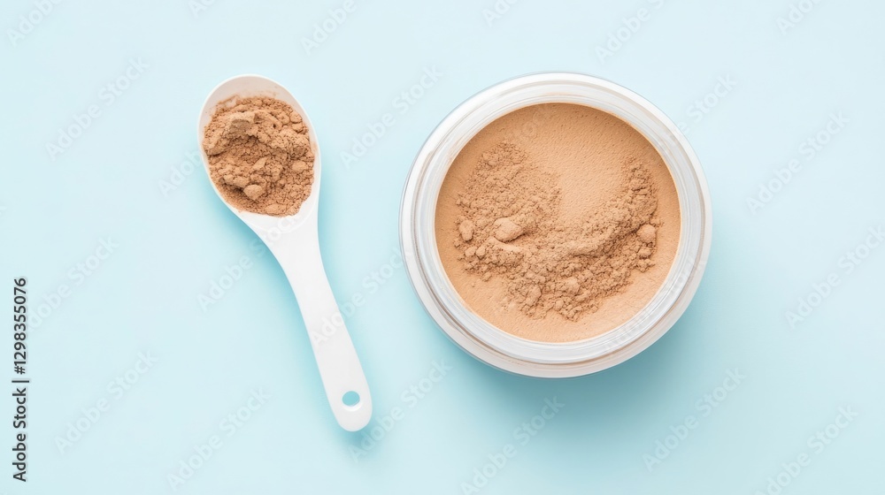 Poster professionally styled photograph of a skincare face mask container with a small scoop displayed on a