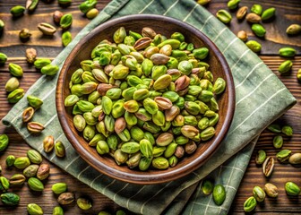 Rustic dish towel, scattered pistachios; overhead, high-resolution food photography.