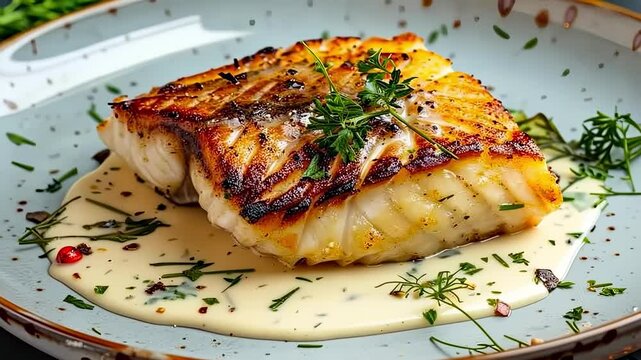 fried cod fillet with cream sauce and lemon