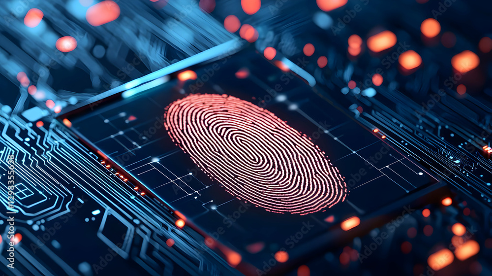 Aufkleber red fingerprint glowing on a microchip digital security data protection concept