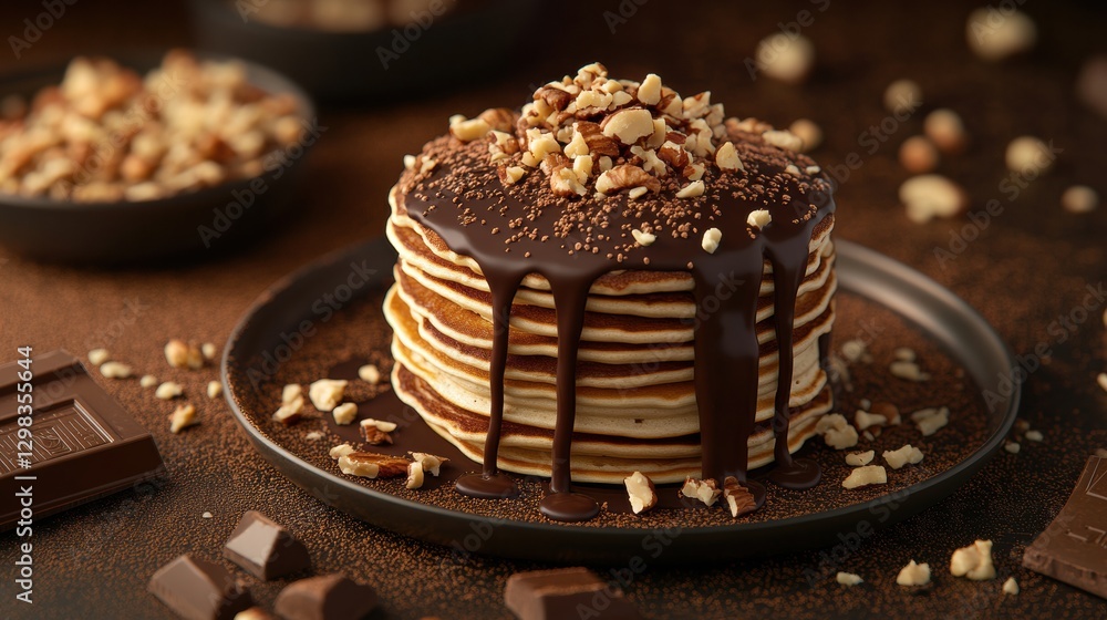 Poster Indulgent stack of chocolate covered pancakes topped with crushed nuts served on a rustic plate. Generative AI