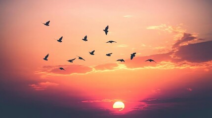 Fototapeta premium Flock of Birds Flying in Perfect Formation Against Sunrise Sky