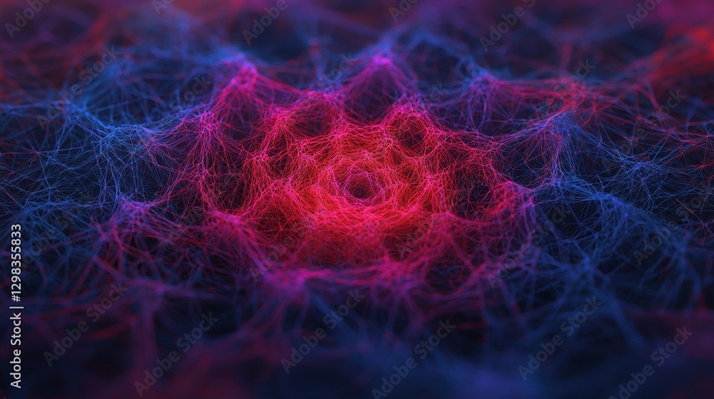 Poster a complex network of interconnected lines in shades of red and blue.