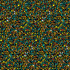 Chaotic dotted seamless pattern. Colorful mosaic of turquoise, orange, yellow, white dots on black background. Abstract geometric backdrop