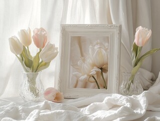 spring light images with delicate spring flowers tulips and light fabric. frames mockups. Easter spring background in pale pastel colors.
