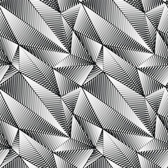 Low poly bw graphic seamless pattern. Abstract geometric texture. Crystal, triangles, low polygonal texture. Hatched surface in black and white