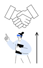 Two hands shaking a professional holding a folder and an ascending arrow. Ideal for business, partnership, teamwork, success, ambition, professional growth, motivation. Line metaphor