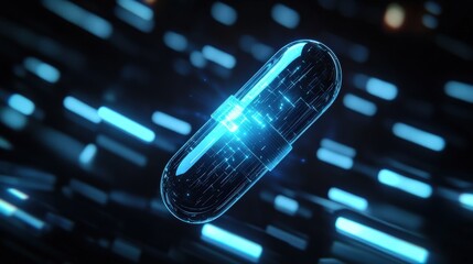 Futuristic Glowing Capsule Hovering in Dark Medical Tech Background