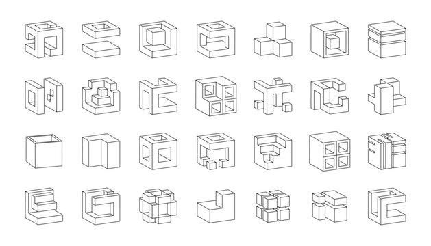 Cube icons. 3D isometric shapes. Impossible illusion logo. Visual abstract business design. Technology art. Graphic puzzle sign. Line cubic blocks. Minimal hexagon figures. Vector garish objects set