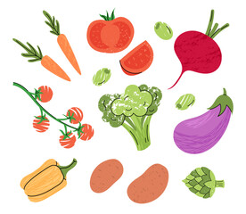 Vegetables. Hand drawn doodle elements. Fresh broccoli, eggplant and pepper, farm ecological carrot, tomato and potato. Cooking natural fresh ingredients. Cartoon flat style isolated illustration