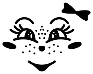 Female face with positive emotions. Sketch. Romantic mascot with freckles laughs, bow decoration, eyelashes. Vector illustration. Outline on isolated white background. Doodle style. Cute grimace. 