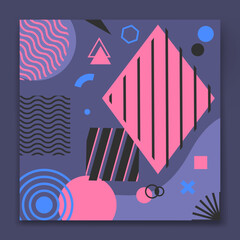 Geometric background. Abstract card design. Memphis style social media post template. Minimal shapes and figures. Pink and purple colors. Vector cartoon flat style isolated contemporary illustration