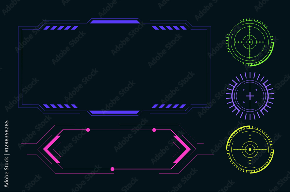 Aufkleber ui digital icons. hud elements. neon frame. video game dashboard. bullseye crosshair. radar panel. f