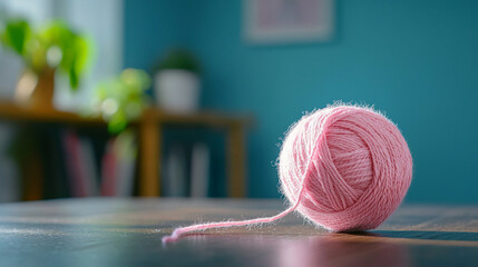 soft pink yarn ball rests on wooden table in cozy, sunlit room