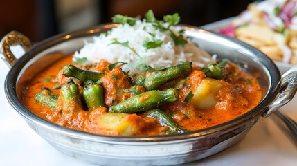 Fototapeta premium Delicious Okra and Potato Curry with Rice Indian Food